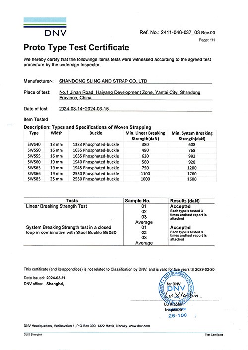 SWS Woven strapping DNV Certificate